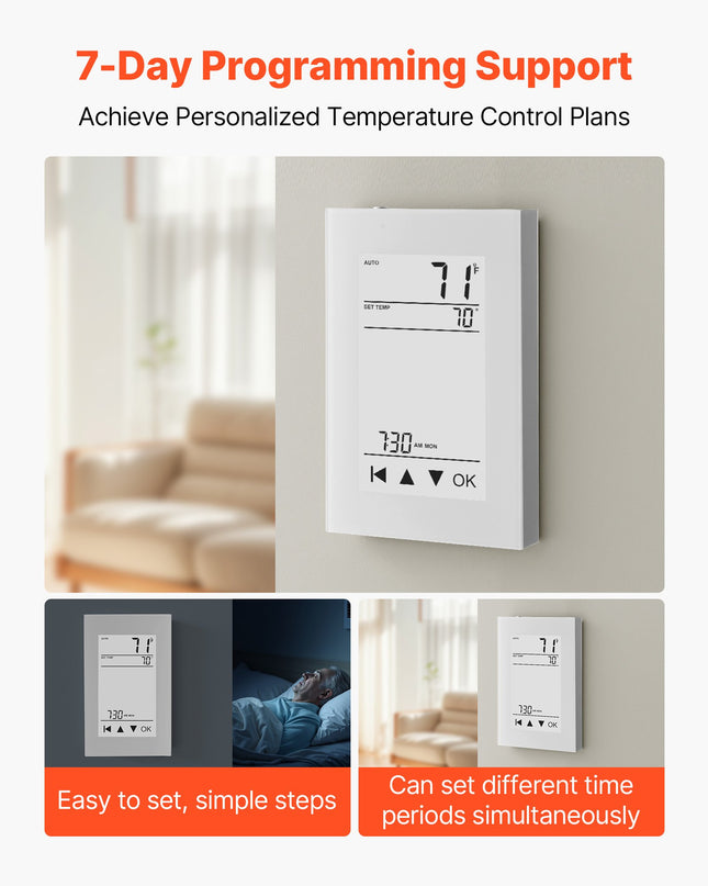 7-Day Programmable Thermostat, Home Thermostats For Radiant Underfloor Heating Cable, Heat Pump, With GFCI & Sensitive Sensor, LCD Touchscreen, Energy-Efficient, Gray-White  (Without Wifi)