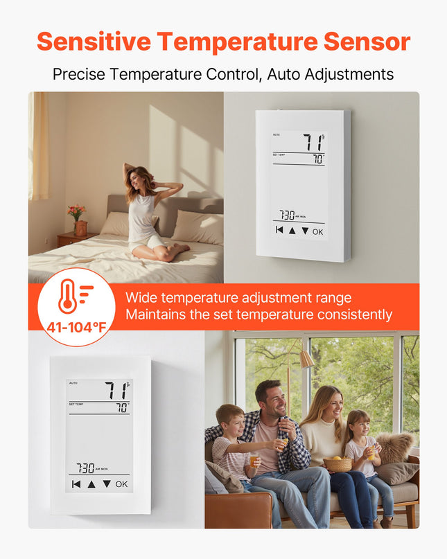 7-Day Programmable Thermostat, Home Thermostats For Radiant Underfloor Heating Cable, Heat Pump, With GFCI & Sensitive Sensor, LCD Touchscreen, Energy-Efficient, Gray-White  (Without Wifi)