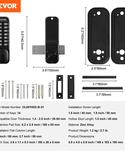 VEVOR Mechanical Keyless Entry Door Lock, 14 Digit Keypad, Outdoor Gate Door Locks Set With Surface-mounted Latch, Water-proof Zinc Alloy, Keypad And Knob, Easy To Install, For Garden, Garage, Yard