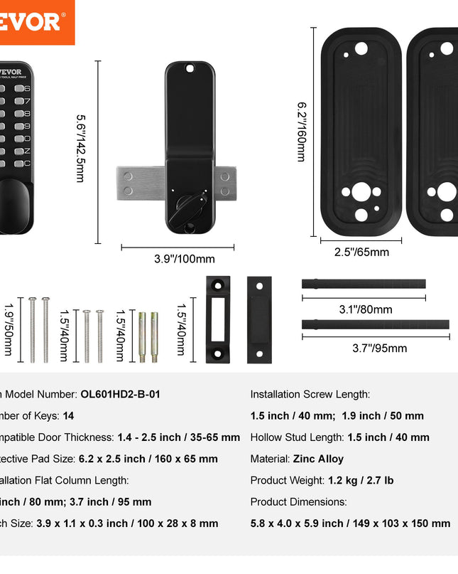 VEVOR Mechanical Keyless Entry Door Lock, 14 Digit Keypad, Outdoor Gate Door Locks Set With Surface-mounted Latch, Water-proof Zinc Alloy, Keypad And Knob, Easy To Install, For Garden, Garage, Yard
