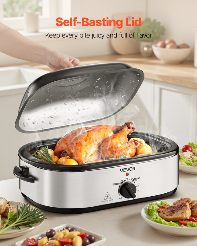 Roaster Oven, 18QT Electric Roaster Oven, 150-450 Adjustable Temperature Electric Roasting Pan With Self-Basting Lid, Cool-Touch Handle, Defrost & Warm Function, Stainless Steel Turkey Ovens