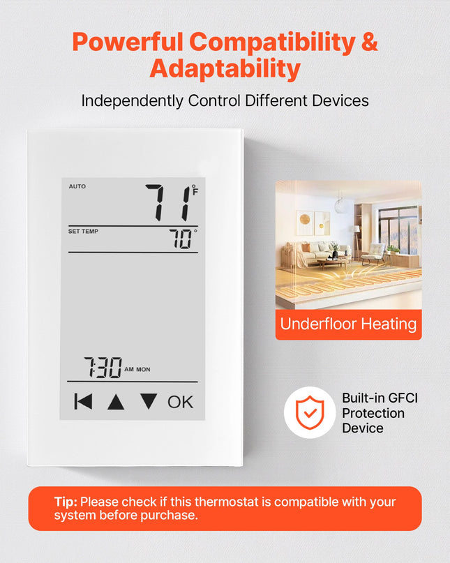 7-Day Programmable Thermostat, Home Thermostats For Radiant Underfloor Heating Cable, Heat Pump, With GFCI & Sensitive Sensor, LCD Touchscreen, Energy-Efficient, Gray-White  (Without Wifi)