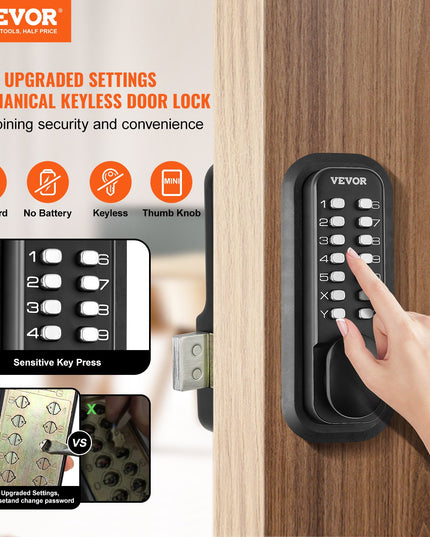 VEVOR Mechanical Keyless Entry Door Lock, 14 Digit Keypad, Outdoor Gate Door Locks Set With Surface-mounted Latch, Water-proof Zinc Alloy, Keypad And Knob, Easy To Install, For Garden, Garage, Yard